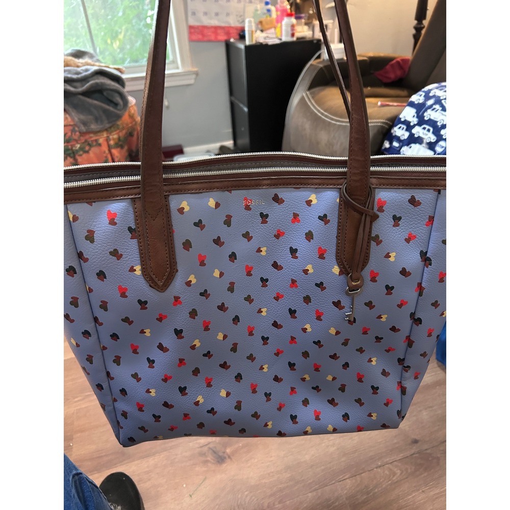 Fossil Heart Print Tote Bag Blue Brown Leather Trim Key Charm‎